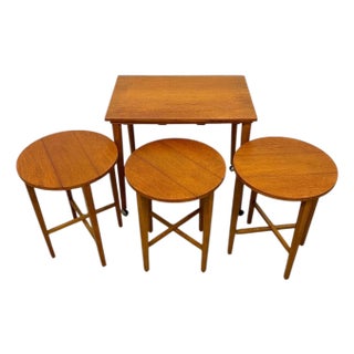 Vintage Mid-Century Modern Nesting Table Set With Three Round Stowaway Stools/Tables on Casters - Uk Import For Sale