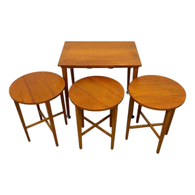 Vintage Mid-Century Modern Nesting Table Set With Three Round Stowaway Stools/Tables on Casters - Uk Import For Sale