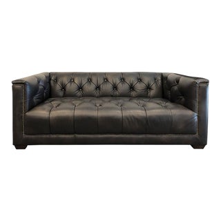 Restoration Hardware 6' Savoy Tufted Leather Library Couch With Nailhead Detail For Sale