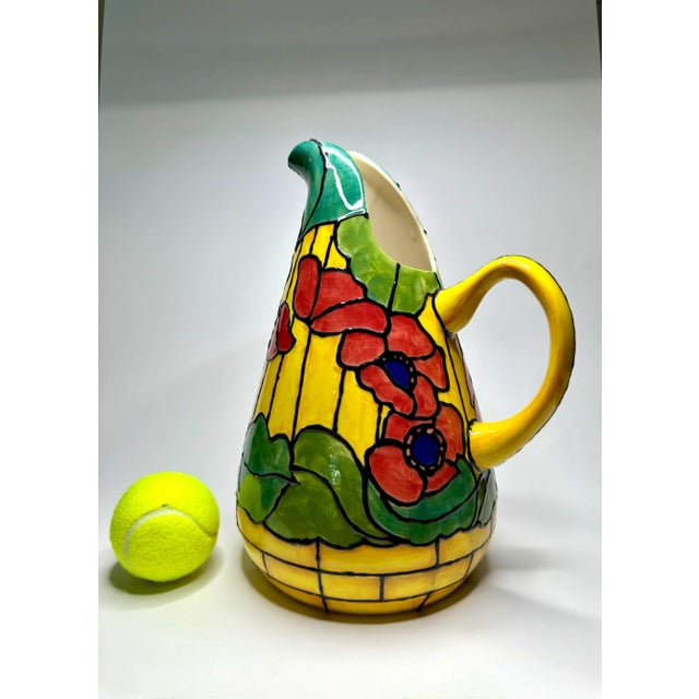 Ceramic Vintage Art Nouveau Tiffany Style "Poppy Flowers" Painted Ceramic Pitcher, Yellow, Red, and Navy Blue For Sale - Image 7 of 11