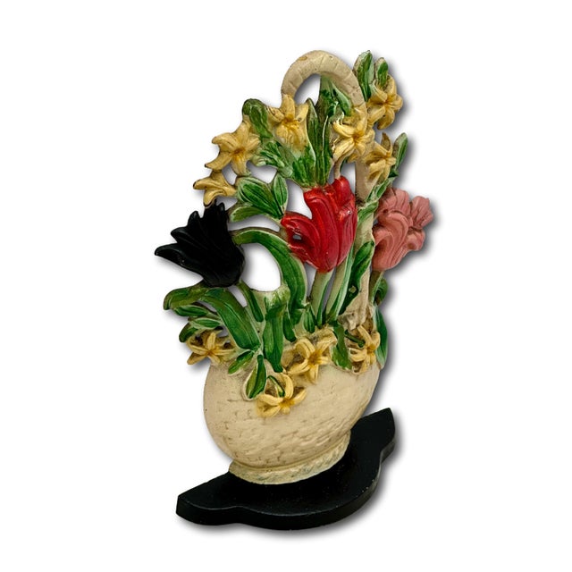 Ruby Red Hard to Find 1930s Hubley MFG Co. Tulips & Hyacinths Flower Basket Cast Iron Doorstop in Pristine Cond. For Sale - Image 8 of 18