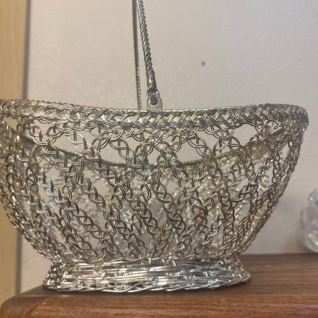 Metal Mid-Century Modernist Woven Wirework Centerpiece Basket With Swing Handle For Sale - Image 7 of 7