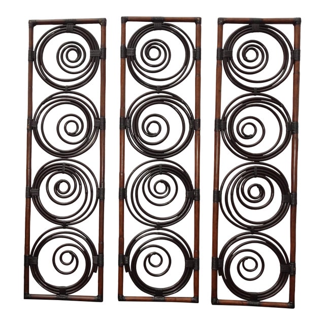 Vintage French Country Brown Bamboo Palecek Wall Decor Screen Picture For Sale