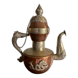 Early 1900s Tibetan Copper Dragon Teapot With Silver Repoussé Accents
