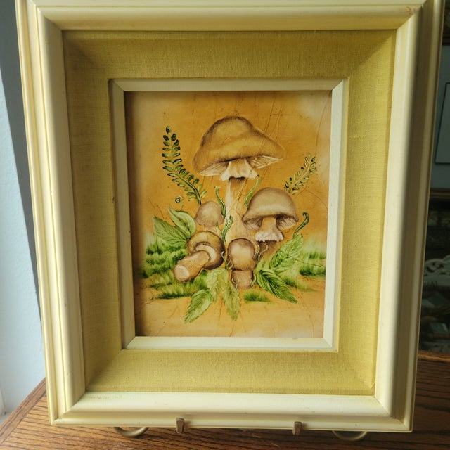 1970’s Retro Vintage Mushroom Yellow Wood Framed & Matted Print Picture 14 X 16 For Sale - Image 4 of 15