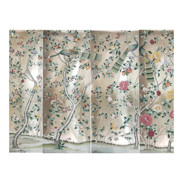 Champagne Gold Leaf Chinoiserie Hand-Painted Peacock & Floral Wall Panels (Set of 4) For Sale