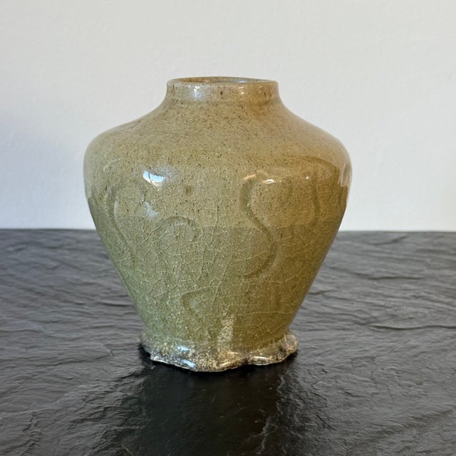 Vintage Hand Thrown and Crudely Decorated Celadon Vase Measures approx: 6H x 5.5D Please visit my other listings for more...