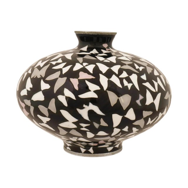 Signed Japanese Cloisonne Enamel Black Ground Butterfly Vase circa 1990 A signed Japanese Cloisonne enamel vase, circa...