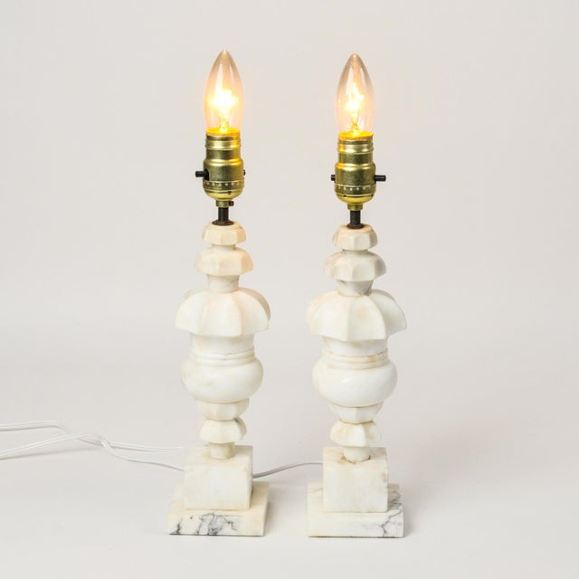 Alabaster Vintage Italian Carved Stone Alabaster Table Lamp - Pair For Sale - Image 8 of 11