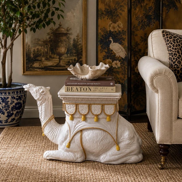 Large Scale Hollywood Regency Italian White & Yellow Tassel Terracotta Camel Side Table / Garden Seat For Sale - Image 4 of 7