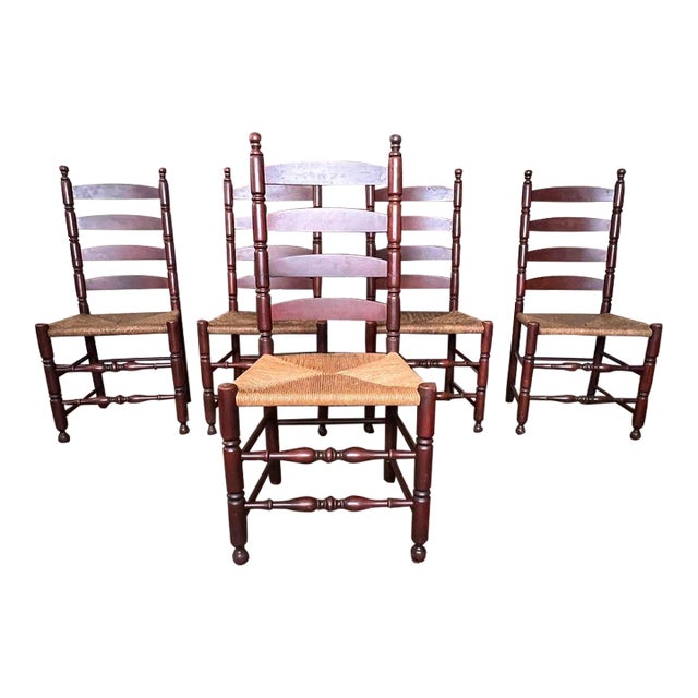 Mid 20th Century Set of Five Vintage Rustic High Ladder Back Rush Seat Dining Chairs For Sale