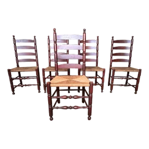 Mid 20th Century Set of Five Vintage Rustic High Ladder Back Rush Seat Dining Chairs