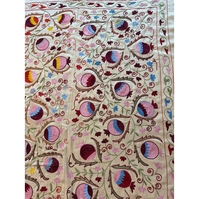 Square Ivory Silk Suzani Tapestry With Pomegranates For Sale In New York - Image 6 of 9