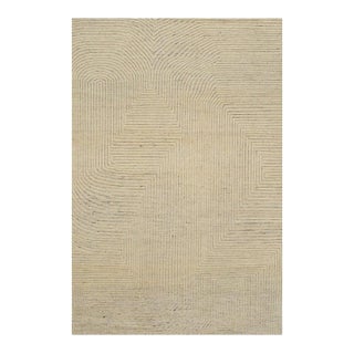 9x12 Ivory Hand-Knotted Wool Linear Maze Geometric Modern Carpet Rug For Sale