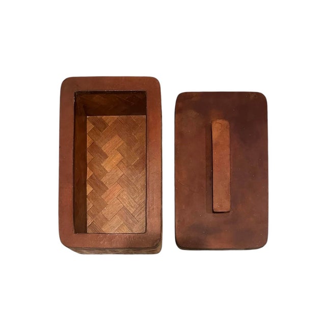 Vintage Woven Leather & Wood Parquet Lidded Trinket / Stash Box by Chas A. Schieren, New York Circa 1930 For Sale - Image 4 of 8