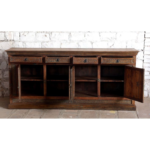 Antique Hand-Carved Long Sideboard – Rustic Wood Credenza Tv Console 88x40 For Sale In Orlando - Image 6 of 8