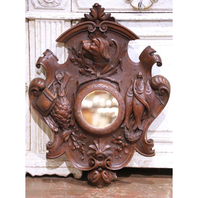 Late 19th Century 19th C. French Black Forest Carved Walnut Wall Hunting Panel With Center Mirror For Sale - Image 5 of 9