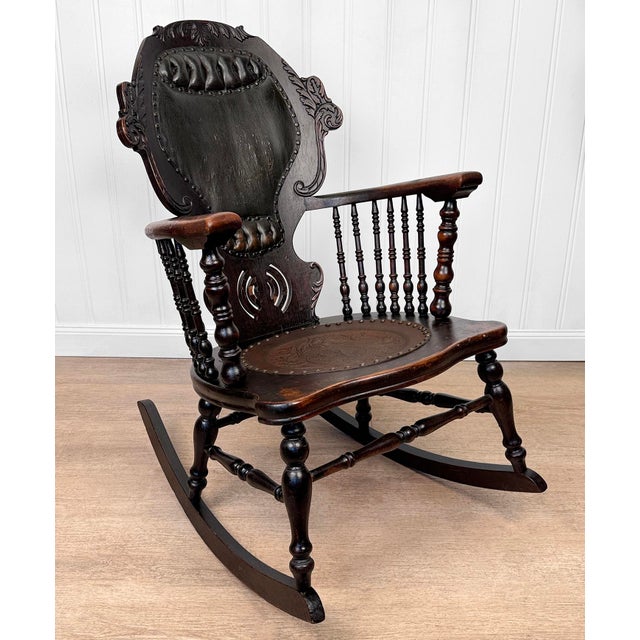 Wood Antique Victorian Carved Oak & Leather Tufted Rocking Chair For Sale - Image 7 of 15
