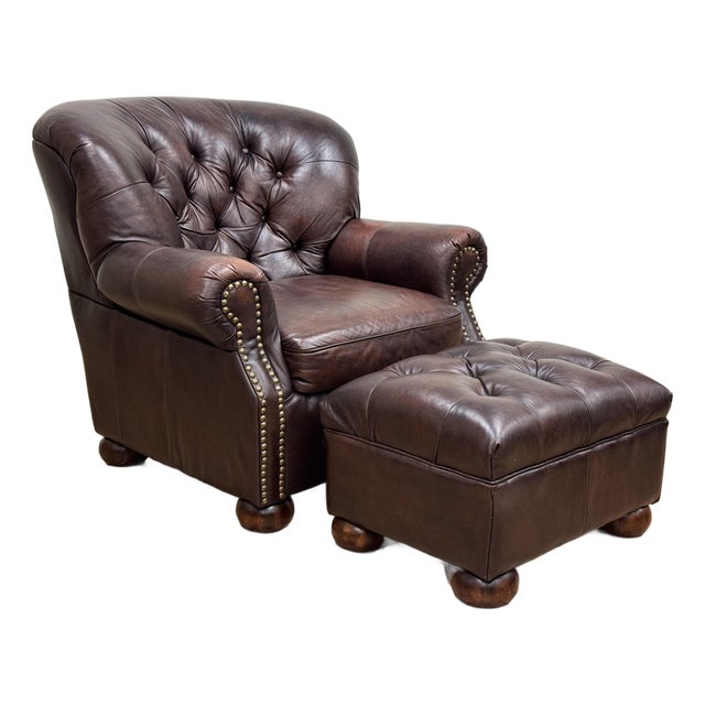 Vintage Oversized Tufted Leather Writers Chair With Ottoman For Sale
