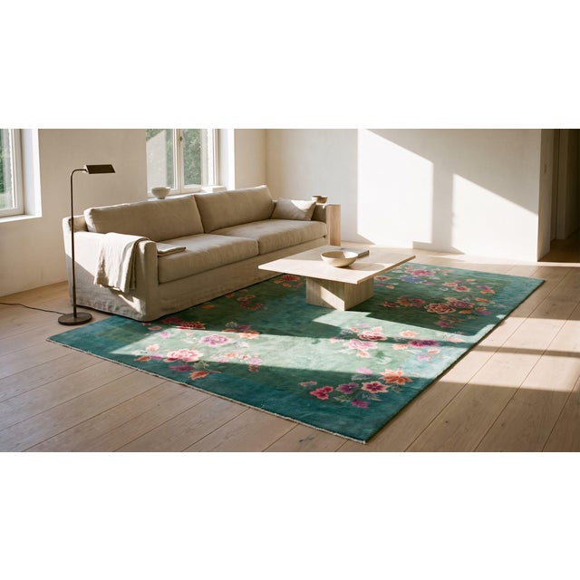 1920s Green Floral Modern Antique Chinese Art Deco Rug 8' 8"x11' 4" Handknotted Wool Carpet For Sale - Image 16 of 16