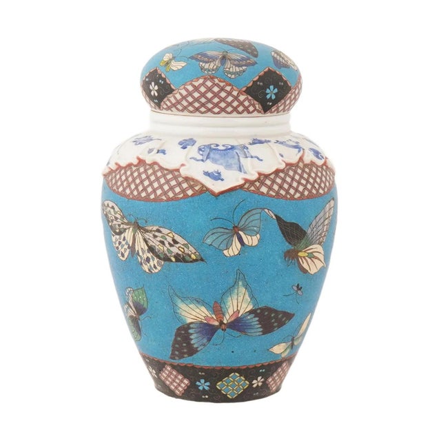 Japanese Monumental Meiji Japanese Cloisonne Enamel Totai Covered Jar With Butterflies For Sale - Image 3 of 11