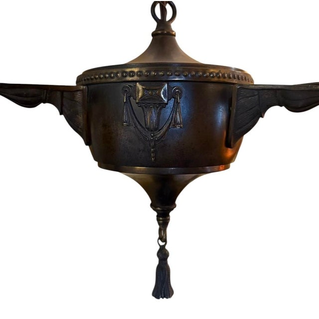 1910s Circa 1910’s Art Nouveau Chandelier With Etched Palm Motif Shades For Sale - Image 5 of 9