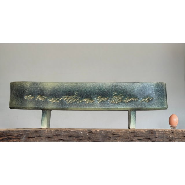 Japanese Vintage Monumental Japanese Brutalist Speckled Green Ikebana Ceramic Vessel, Signed For Sale - Image 3 of 11