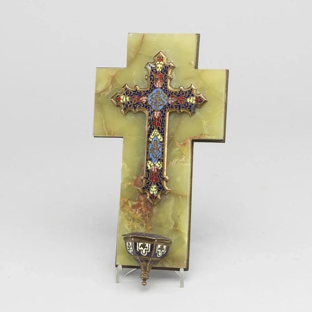 1920s European Crucifix in Partitioned Enamel and Agathe on Brass, 1920s For Sale - Image 5 of 5