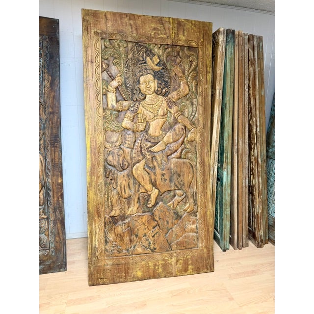 Wood Vintage Hand-Carved Indian Deity Panel | Shiva & Goddess Wood Wall Art / Door Panel 84x41 For Sale - Image 7 of 11