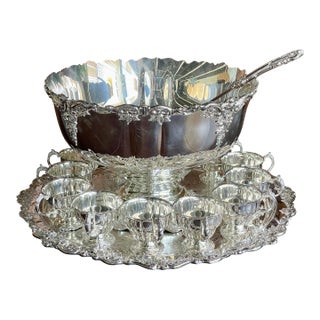 Mid 20th Century Wallace Baroque Silverplate Punch Bowl, Underplate, Ladle, & 12 Cups For Sale