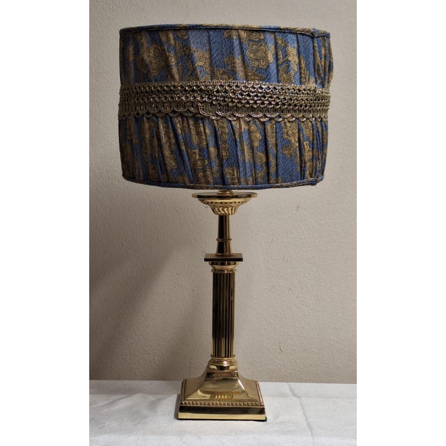Metal Vintage Table Lamp with Ornate Brass Base and Blue Fabric Shade, 1990s For Sale - Image 7 of 7