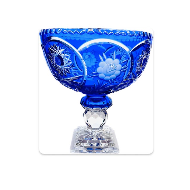 Large Bohemian Style Blue Crystal Centrepiece Pedestal Bowl on Ball Stem and Square Base, 1960s For Sale - Image 6 of 12
