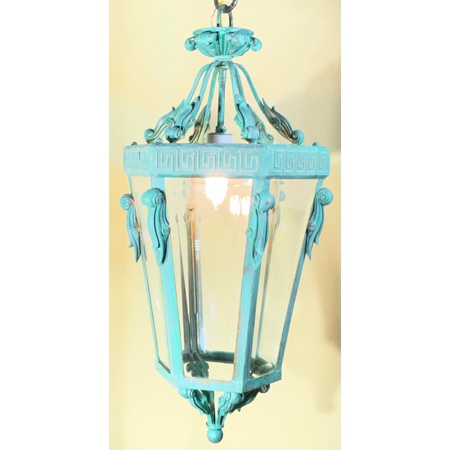 American Vintage Neoclassical Verdigris Lantern – Greek Key Detail – Restored & Rewired For Sale - Image 3 of 15