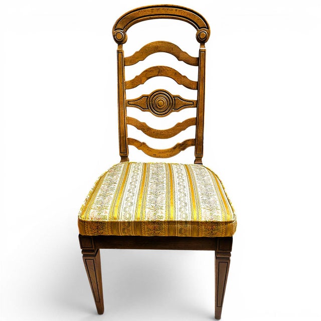 Rare 1966 Thomasville Formal Ladderback Style Dining Chairs Original Yellow Patterned Upholstery For Sale - Image 16 of 16