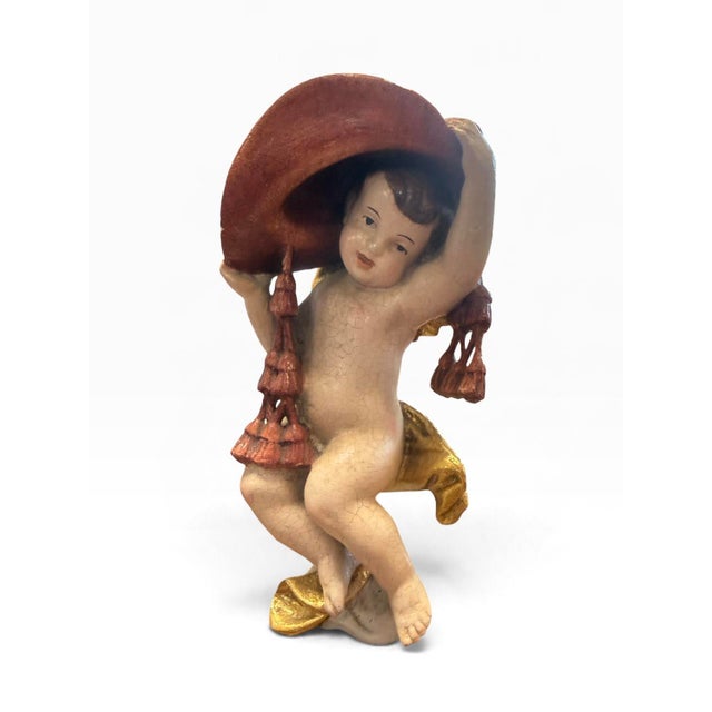 Baroque Early 19th Century Hand-Carved Wooden Cardinal Angel (Putto With Cardinal's Hat) For Sale - Image 3 of 4