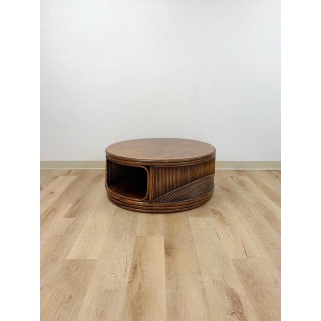 Mid 20th Century Mid 20th Century Pencil Reed Rattan Burlwood Inlay Round Coffee Table Gabriella Crespi Style Rare For Sale - Image 5 of 12