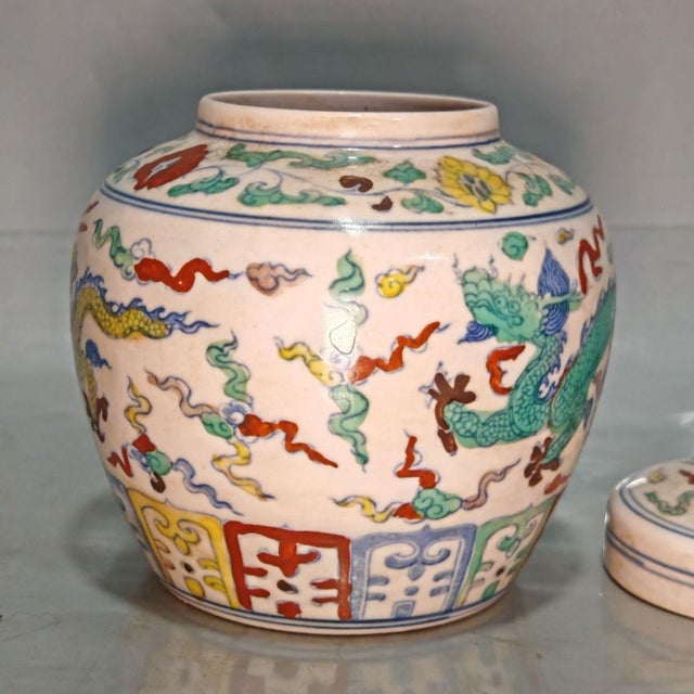 1950s Wucai Dragon Motif Porcelain Ginger Jar, Chinoiserie Lidded Canister For Sale - Image 5 of 9