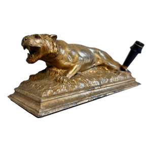 Vintage Gilt Tiger Desk Sculpture and Pen Holder