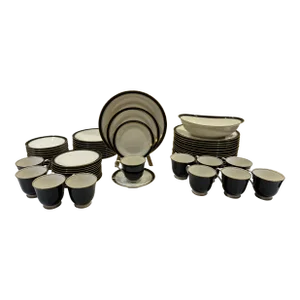 1990s Noritake Ivory China Model 7274 Ivory & Ebony, Made in Japan - 11 Place Settings- 62 Pieces