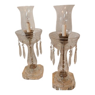 Mid 20th Century Hollywood Regency Crystal Hurricane Lamps With Prisms - A Pair For Sale
