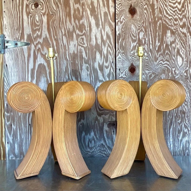 Wood Vintage Late 20th Century Boho Pencil Reed Scroll Lamps - a Pair For Sale - Image 7 of 10