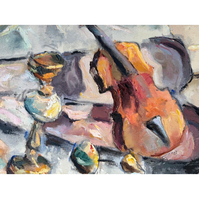Burgundy 1974 Edward Urban Impressionist Still Life Oil on Canvas Painting, Wood Framed For Sale - Image 8 of 11