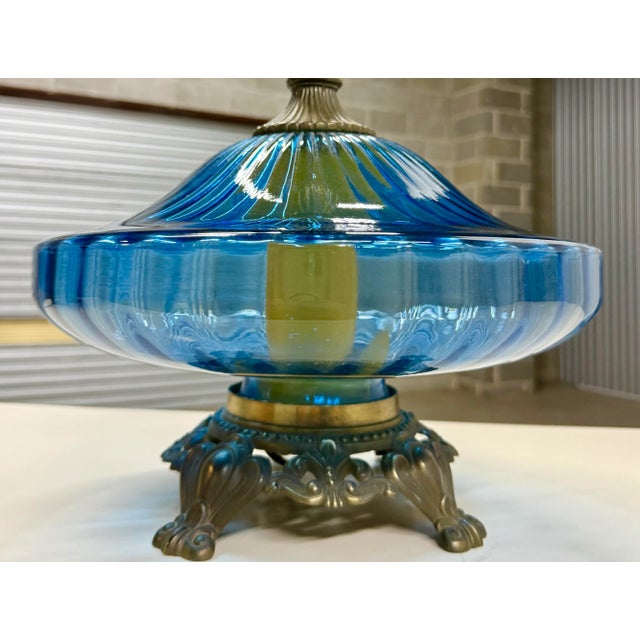 1960s Vintage Monumental Italian Hand Blown Mid-Century Blue Glass and Brass Lamps After Murano-a Pair For Sale - Image 5 of 11