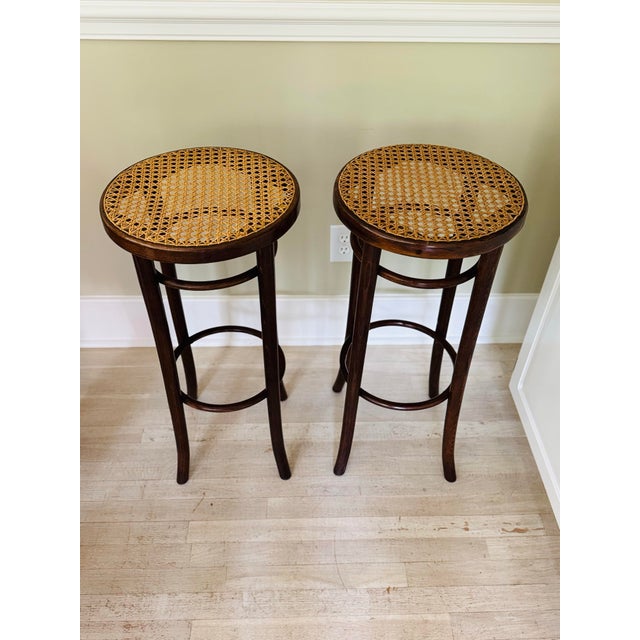 Pair of Vintage Thonet Style Bentwood and Straw Barstools For Sale - Image 4 of 12