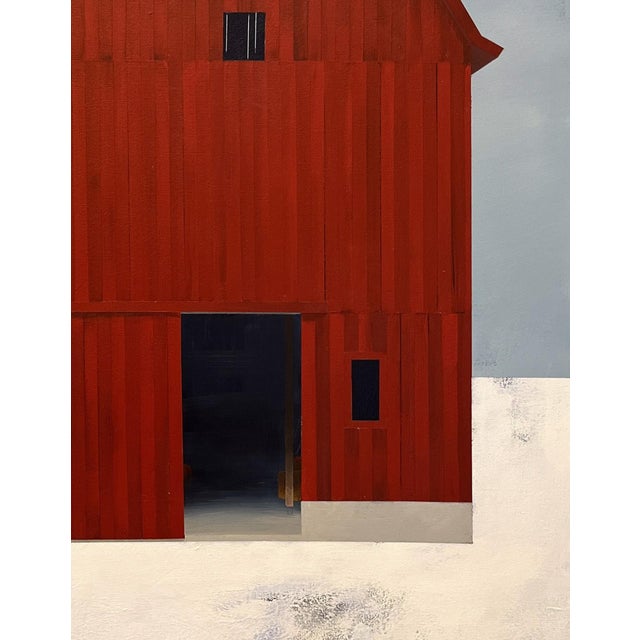 Midwinter by Justin Wheatley | Acrylic on Canvas Red Barn in Snow For Sale - Image 4 of 11