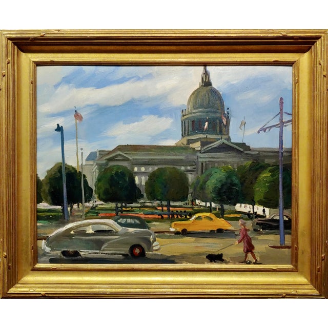 Victor Arnautoff -Woman Walking Her Dog in 1948 Downtown San Francisco-Oil Painting For Sale - Image 11 of 11