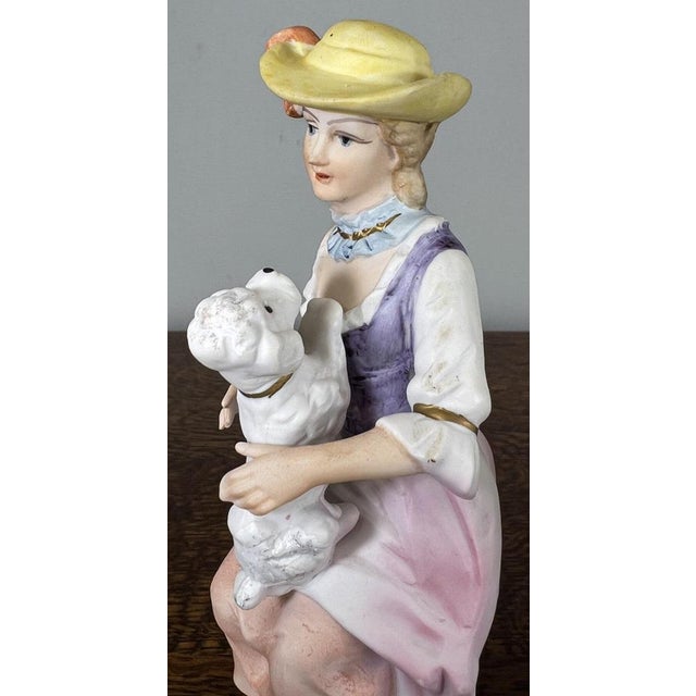 Metal Vintage French Style Porcelain Figurines on Brass Stands, Set of 2 For Sale - Image 7 of 10