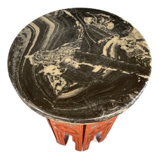 Vintage Black Marble Top & BoHo Asian Red Lacquered Wood Base Tabouret Table For Sale