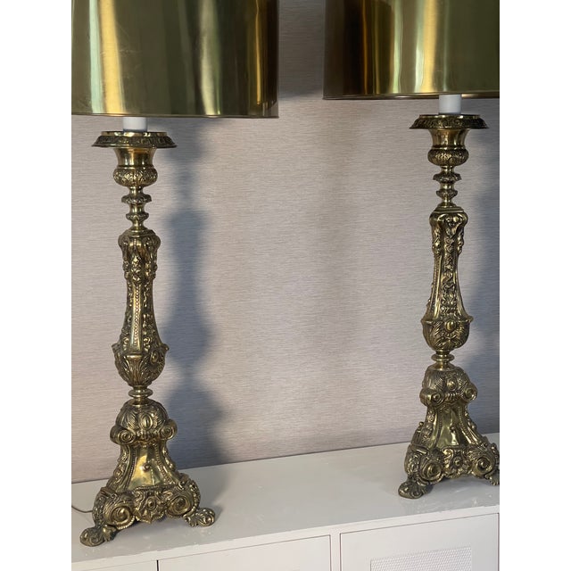 Baroque Antique Palatial Baroque Style Brass Lamps With Brass Shades - a Pair For Sale - Image 3 of 12