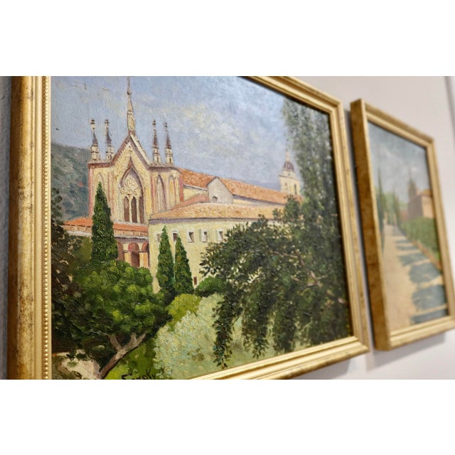 Green Pair of Antique French Oil Paintings on Board — Signed Sansky, Monastère De Cimiez, Nice, Circa Early 20th Century For Sale - Image 8 of 13
